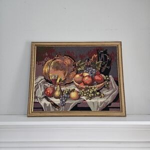 Vintage Framed Needlepoint Tapestry Fruit Still Life Art